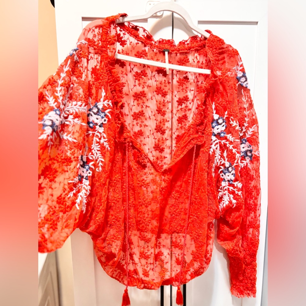Free People Red Floral Embroidered Top